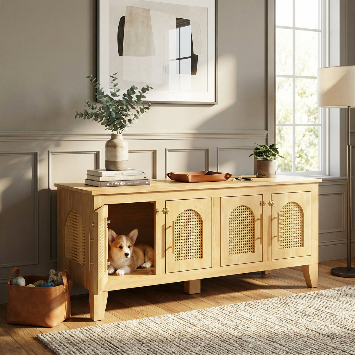 Lars Indoor Rattan Rubber Wood Dog Crate Cabinet with Storage - Natural