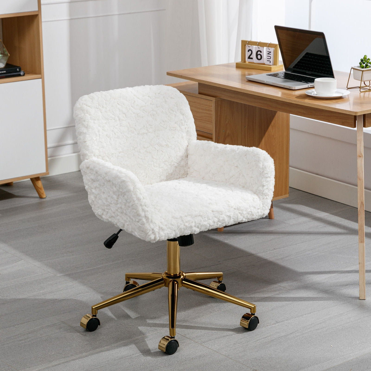 Artificial Rabbit Hair Office Chair with Metal Base - Swivel, Adjustable Height