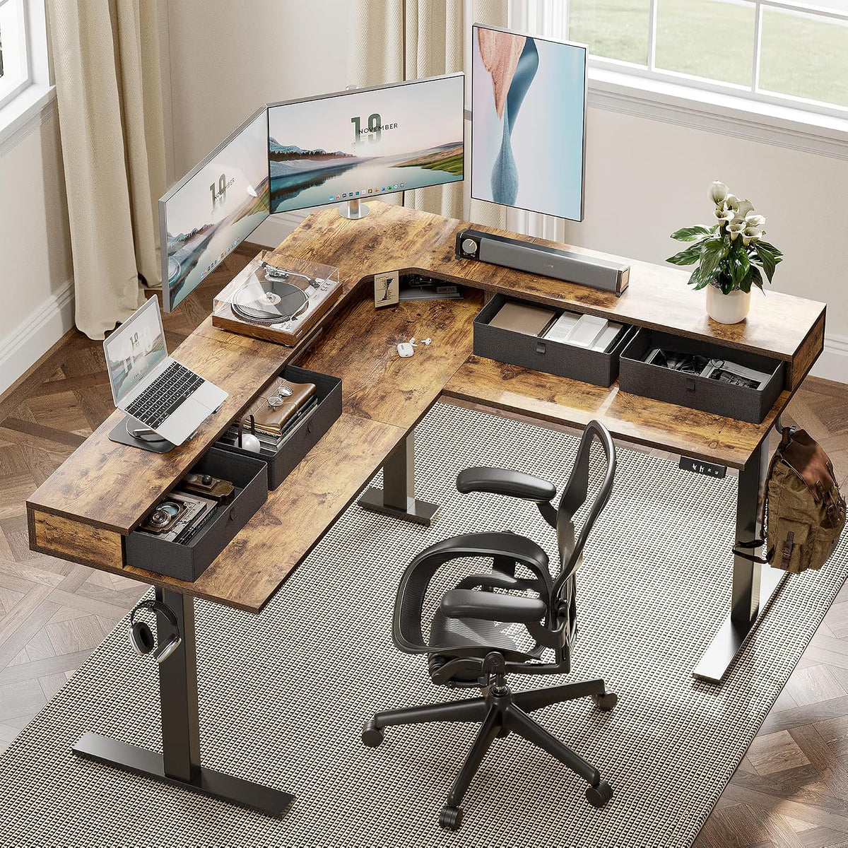 L Shaped 63 X 55 Inch Standing Desk Adjustable Height, Electric Corner Standing Desk with 4 Drawers and Upper Shelf, Sit Stand Computer Table with Splice Board, Rustic Brown