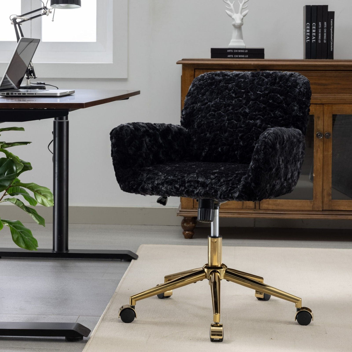 Artificial Rabbit Hair Office Chair with Metal Base - Swivel, Adjustable Height