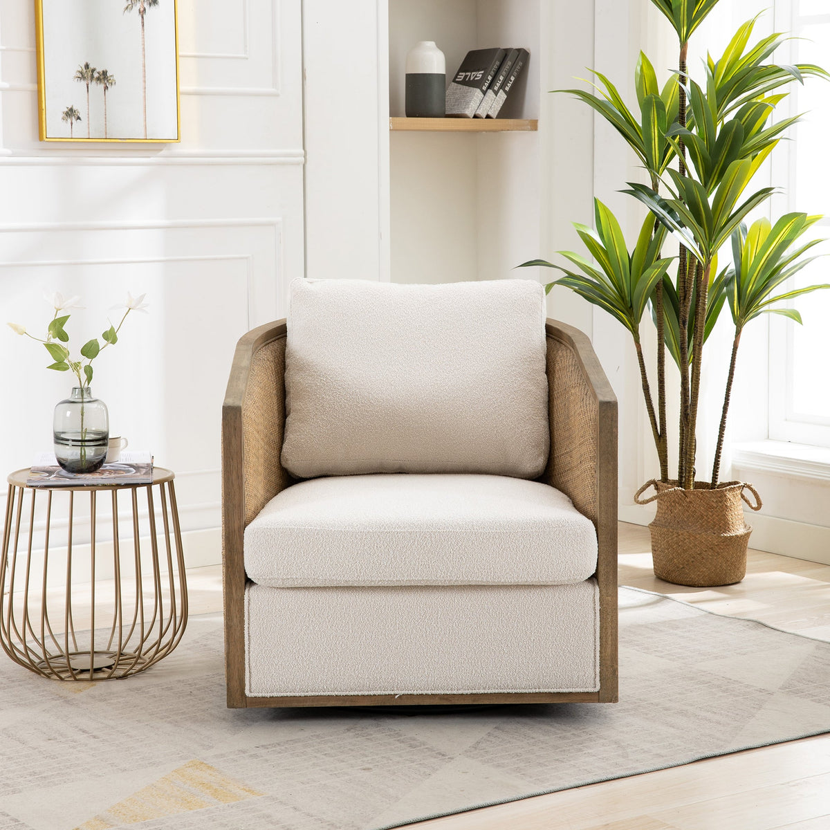 360° Swivel Barrel Accent Chair – Beige Bouclé