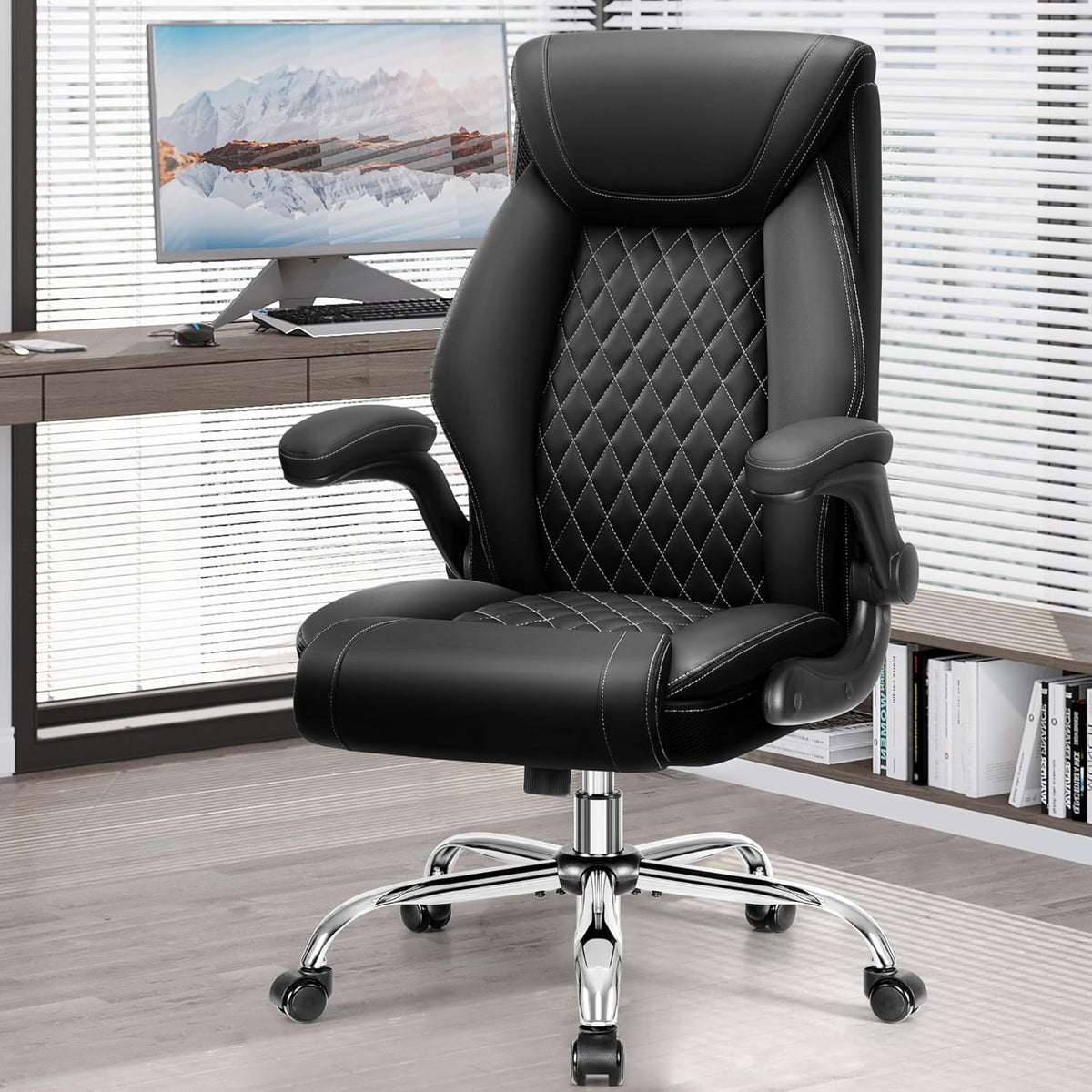 Office Chair, Ergonomic High Back Home Office Desk Chair, Big and Tall Breathable Leather Office Chair with Lumbar Support Flip-Up Armrests, Computer Gaming Chair with Rocking Function