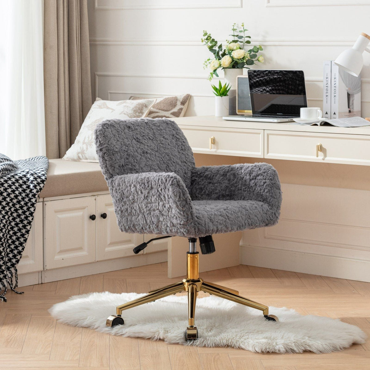 Artificial Rabbit Hair Office Chair with Metal Base - Swivel, Adjustable Height