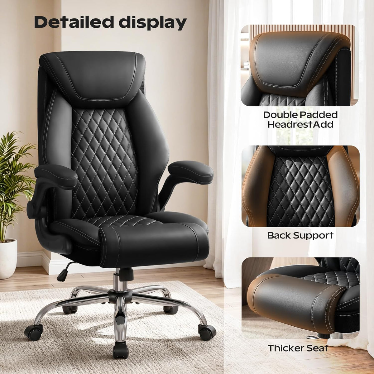 Office Chair, Ergonomic High Back Home Office Desk Chair, Big and Tall Breathable Leather Office Chair with Lumbar Support Flip-Up Armrests, Computer Gaming Chair with Rocking Function