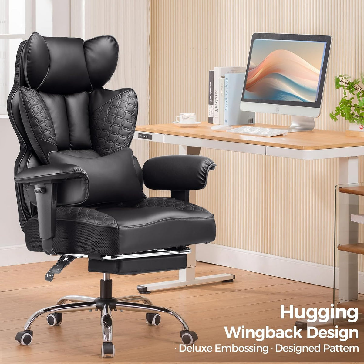 Big and Tall Office Chair Heavy Duty Wide Ergonomic Gaming Chair with Deluxe Embossing Designed Leather with Foot Rest, 145°Reclining Adjustable Armrests Pocket Spring Back Support and Pillow