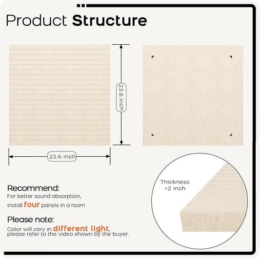 Acoustic Wall Panels, 2-Pack 23.6 X 23.6 X 2 Inch Decorative Soundproof Panels, Dual-Mount Noise Reduction Wall Decor for Studio, Office & Home Theater (Sona Block Beige, 23.6 * 23.6 Inches)