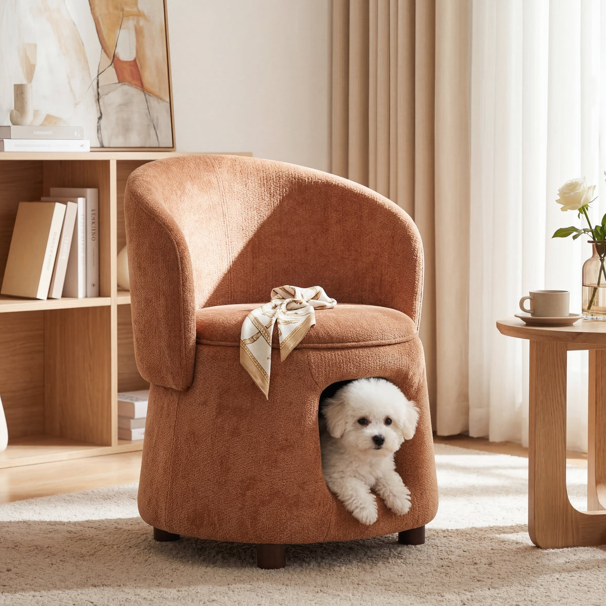 Orange Pet Friendly Chair with Hidden Pet Nook & Storage Seat