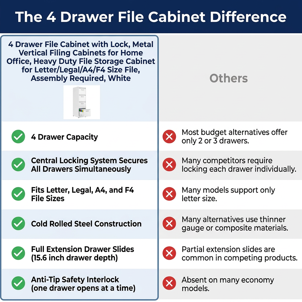 4 Drawer File Cabinet with Lock, Metal Vertical Filing Cabinets for Home Office, Heavy Duty File Storage Cabinet for Letter/Legal/A4/F4 Size File, Assembly Required, White — Comparison