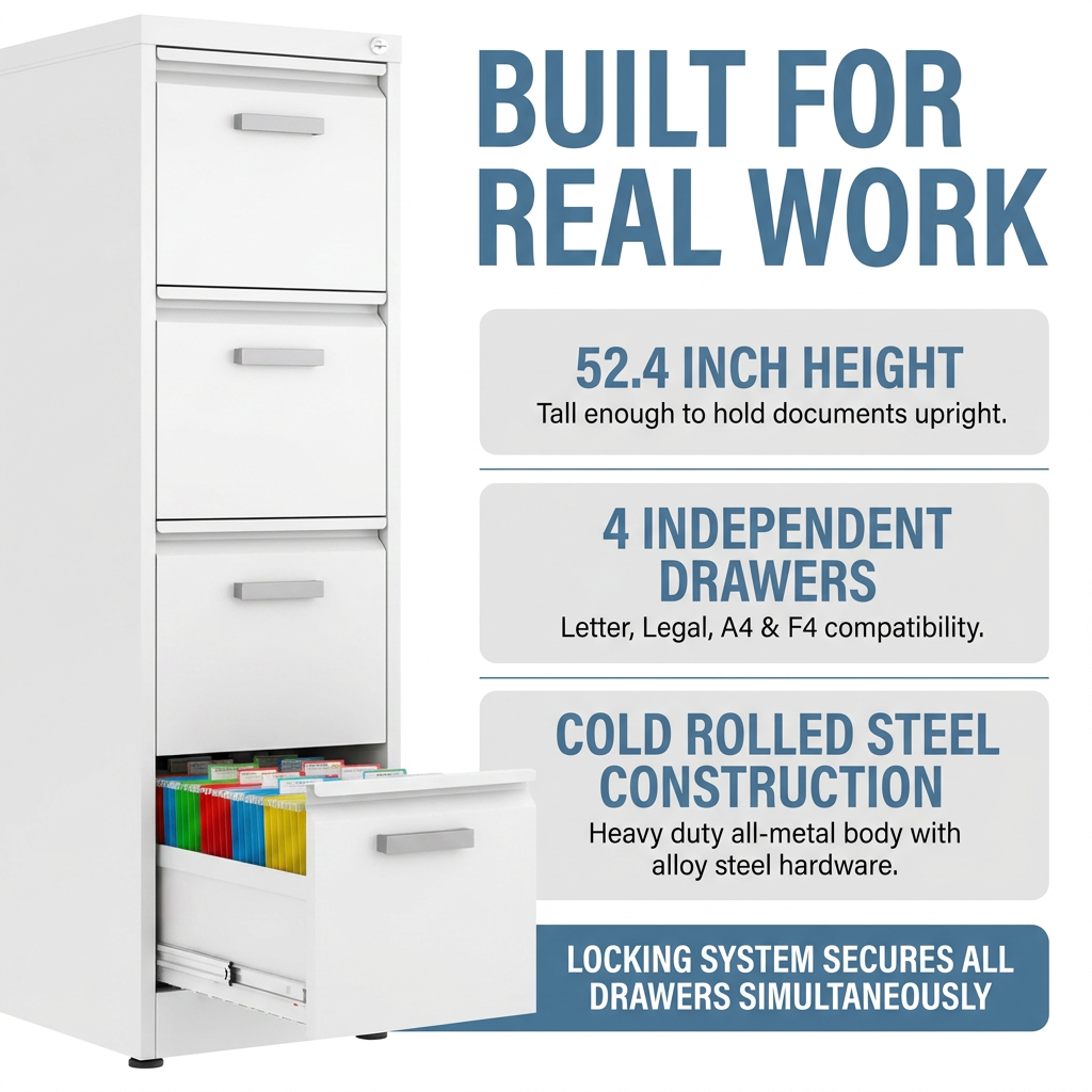 4 Drawer File Cabinet with Lock, Metal Vertical Filing Cabinets for Home Office, Heavy Duty File Storage Cabinet for Letter/Legal/A4/F4 Size File, Assembly Required, White — Results & Stats