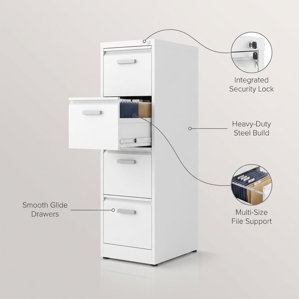 4 Drawer File Cabinet with Lock, Metal Vertical Filing Cabinets for Home Office, Heavy Duty File Storage Cabinet for Letter/Legal/A4/F4 Size File, Assembly Required, White — infographic