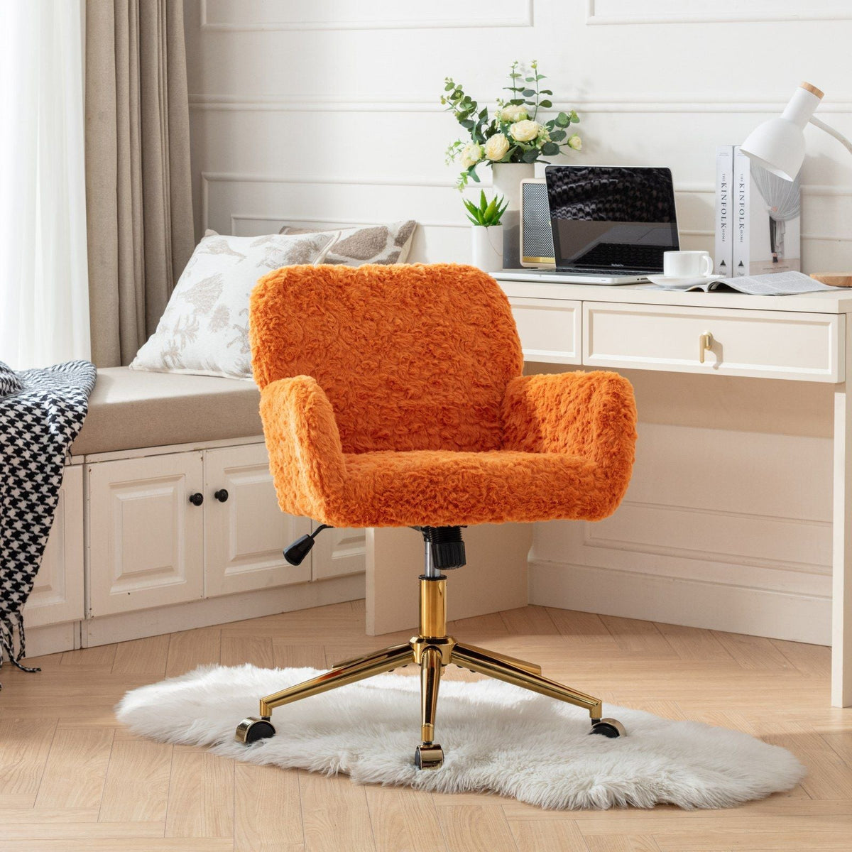 Artificial Rabbit Hair Office Chair with Metal Base - Swivel, Adjustable Height