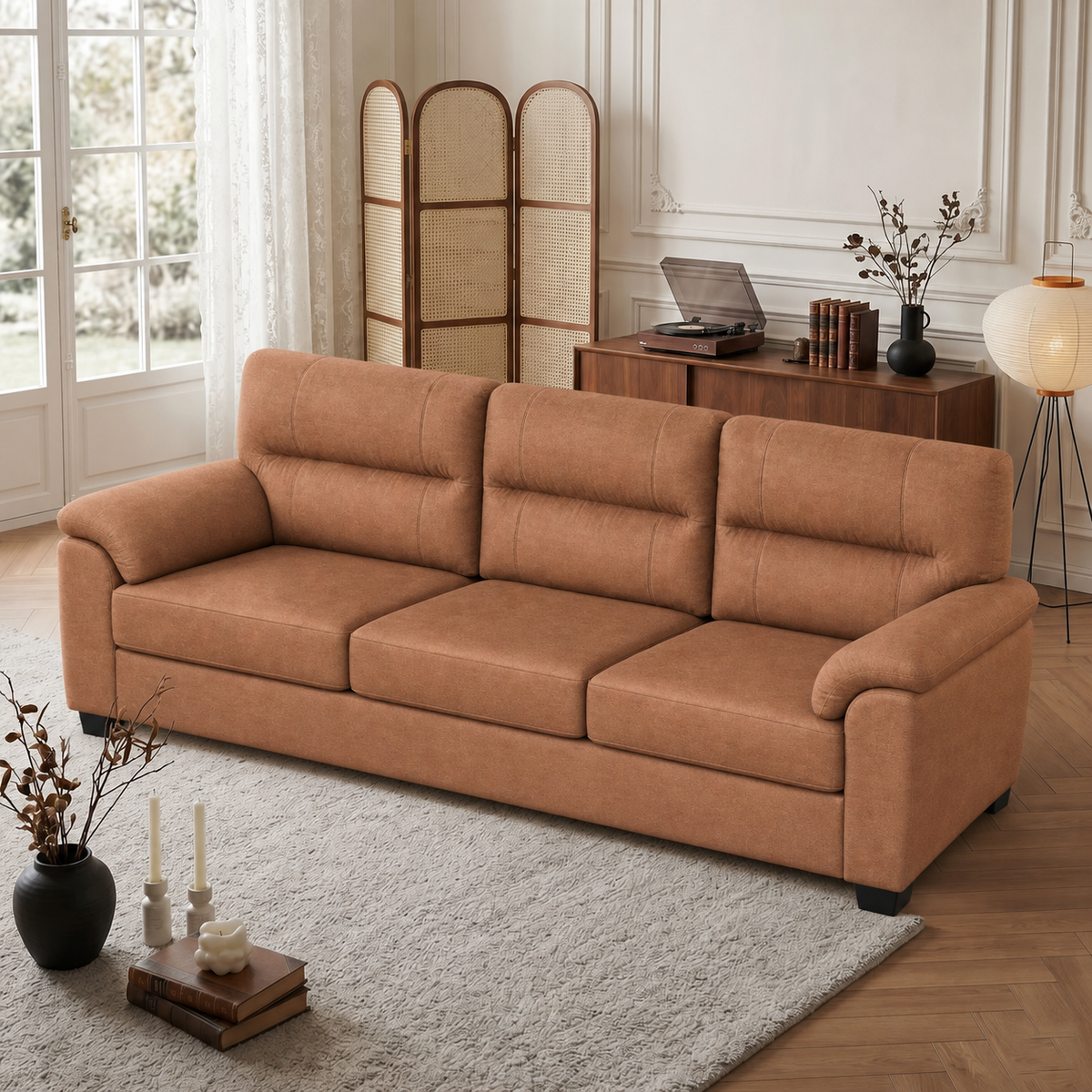 Mid-Century 3-Seat Sofa with Deep Cushioned Seating & Microfiber Upholstery