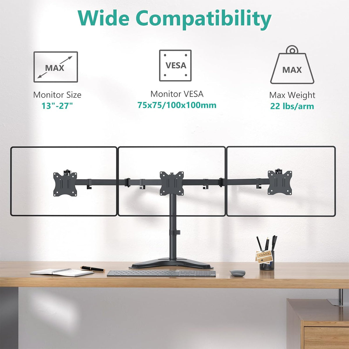 Freestanding Triple Monitor Stand for 13-27 Inch Screens,22Lbs per Arm