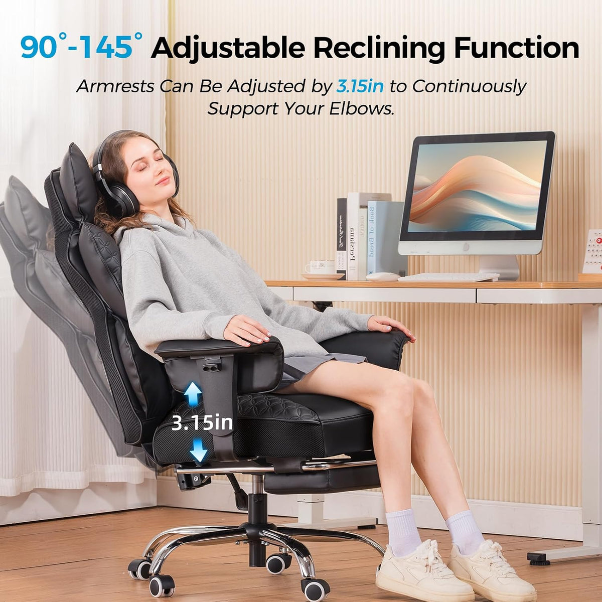 Big and Tall Office Chair Heavy Duty Wide Ergonomic Gaming Chair with Deluxe Embossing Designed Leather with Foot Rest, 145°Reclining Adjustable Armrests Pocket Spring Back Support and Pillow