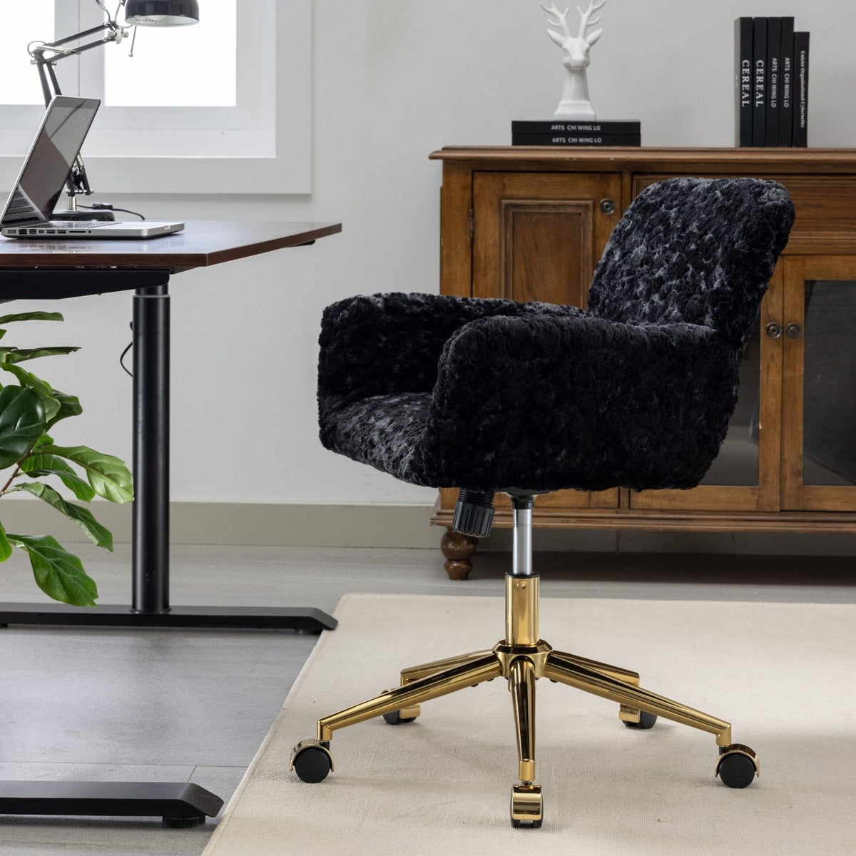 Artificial Rabbit Hair Office Chair with Metal Base - Swivel, Adjustable Height