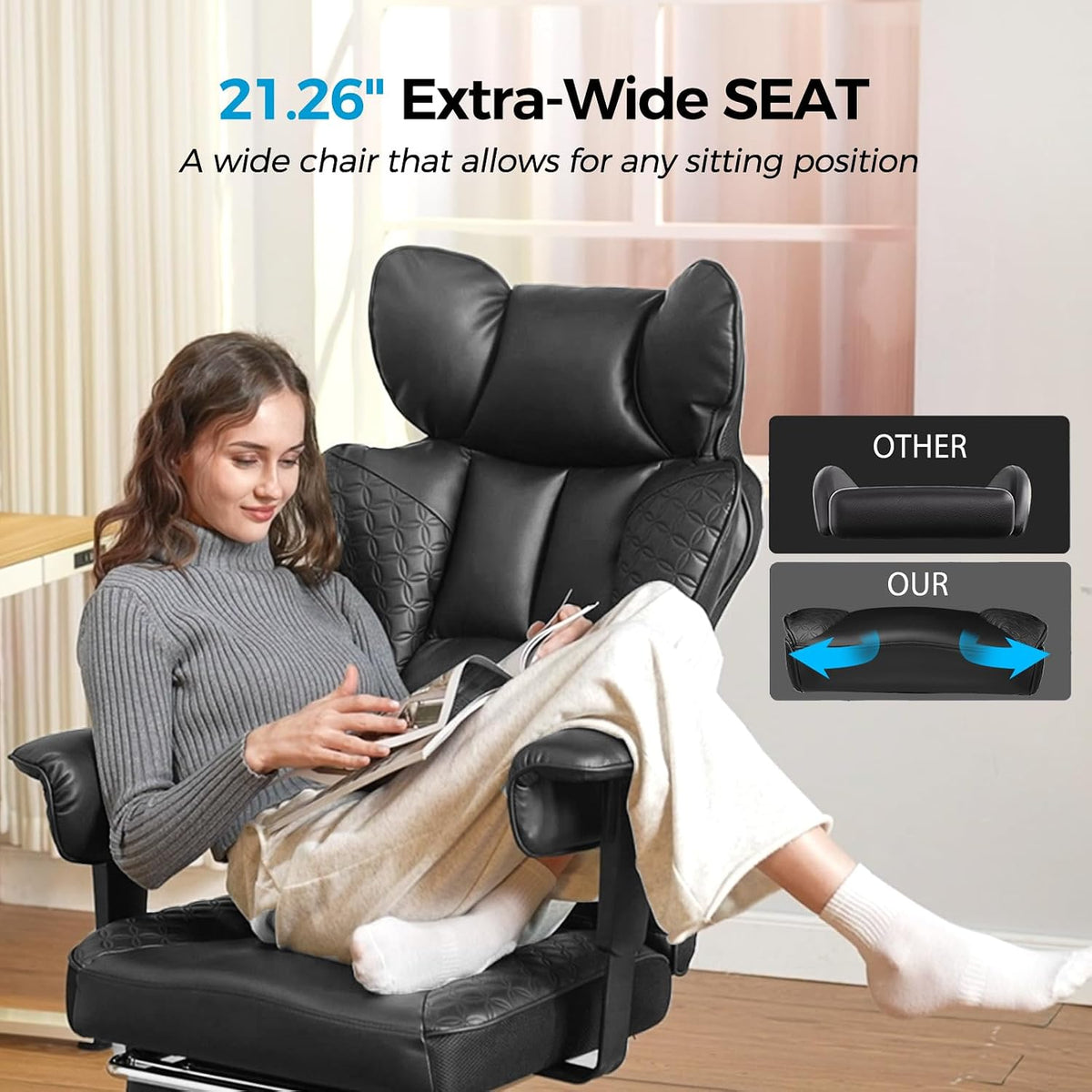 Big and Tall Office Chair Heavy Duty Wide Ergonomic Gaming Chair with Deluxe Embossing Designed Leather with Foot Rest, 145°Reclining Adjustable Armrests Pocket Spring Back Support and Pillow