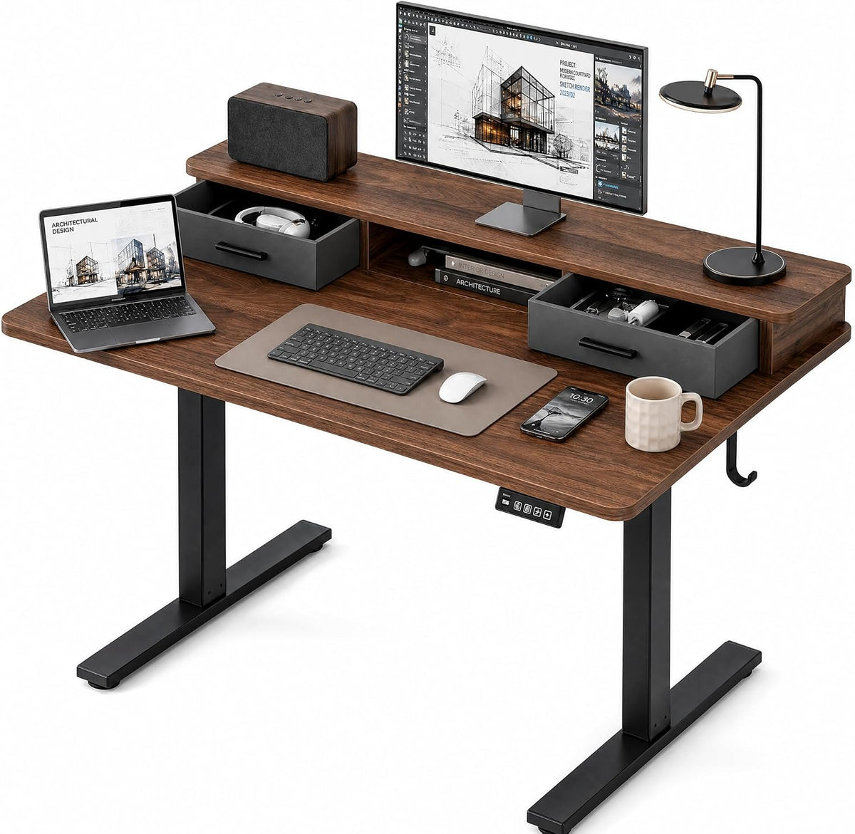 Electric Standing Desk with Two Drawers, Sit to Stand up Height Adjustable Desk with Storage Shelf for Home Office, 47 * 24 Inch, Study, Ergonomic Adjustable Computer Desk, Walnut