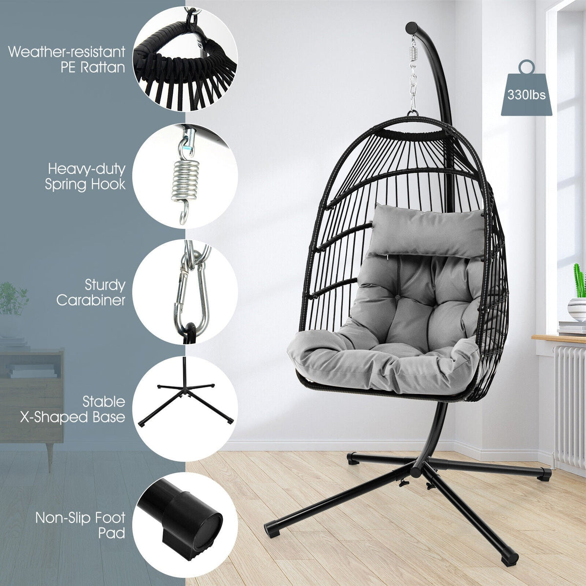 Hanging Egg Chair with Stand, Folding Basket & Waterproof Cover – Gray