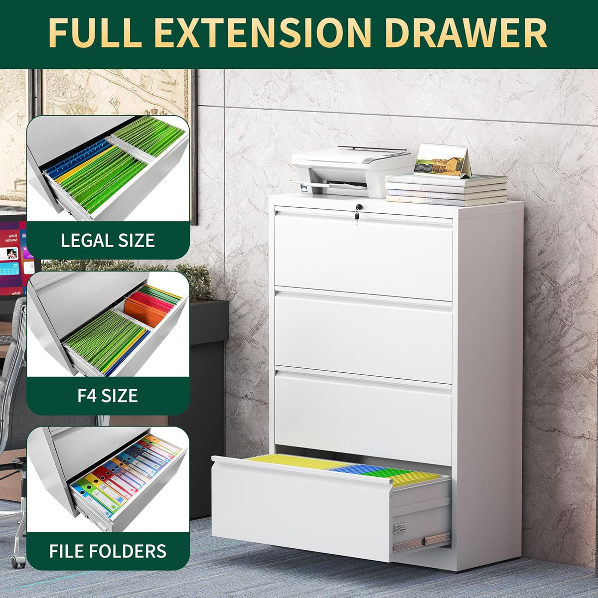 4 Drawer Lateral File Cabinet with Lock, Metal File Cabinets for Home Office, Steel Heavy-Duty Filing Storage Cabinet for Letters/Legal/A4 (Require Assembly, White)