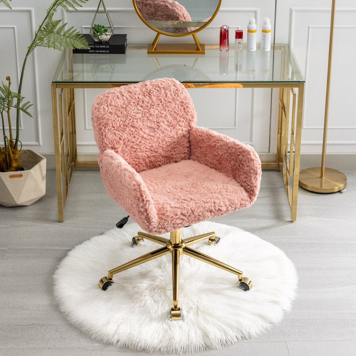 Artificial Rabbit Hair Office Chair with Metal Base - Swivel, Adjustable Height