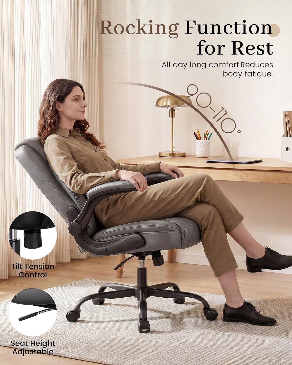 Mid-Back Office Chair, Ergonomic PU Desk Chair with Flip up Arms, Small Computer Gaming with Comfy Lumbar Support,Rocking Function,Sturdy Metal Base, Grey