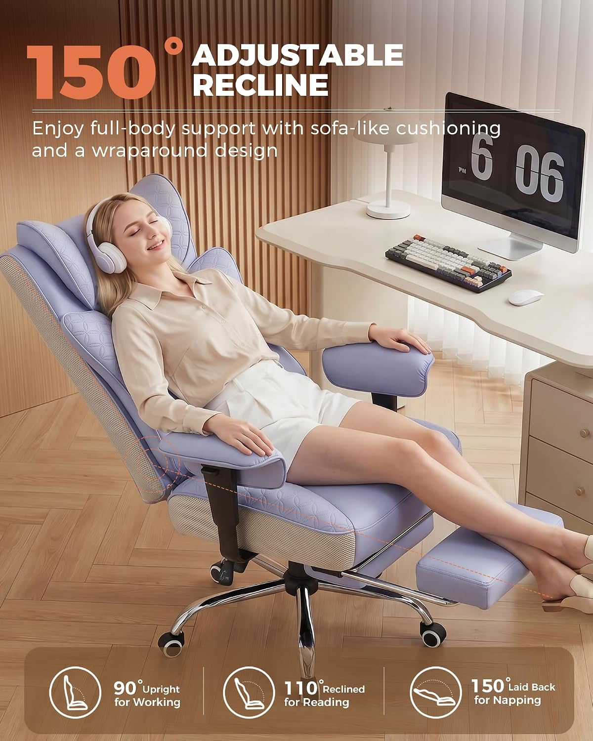 Big and Tall Office Chair Wide Ergonomic Gaming Chair with Deluxe Embossing Designed Leather with Foot Rest,150°Reclining Adjustable Soft Armrests Pocket Spring Back Support and Pillow