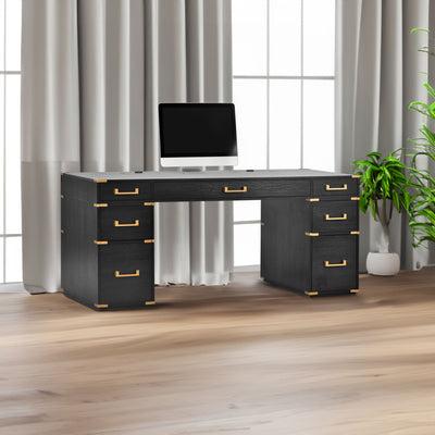 70" Traditional Executive Desk with Metal Trim, 2 File Drawers & USB/Power Outlets – Black