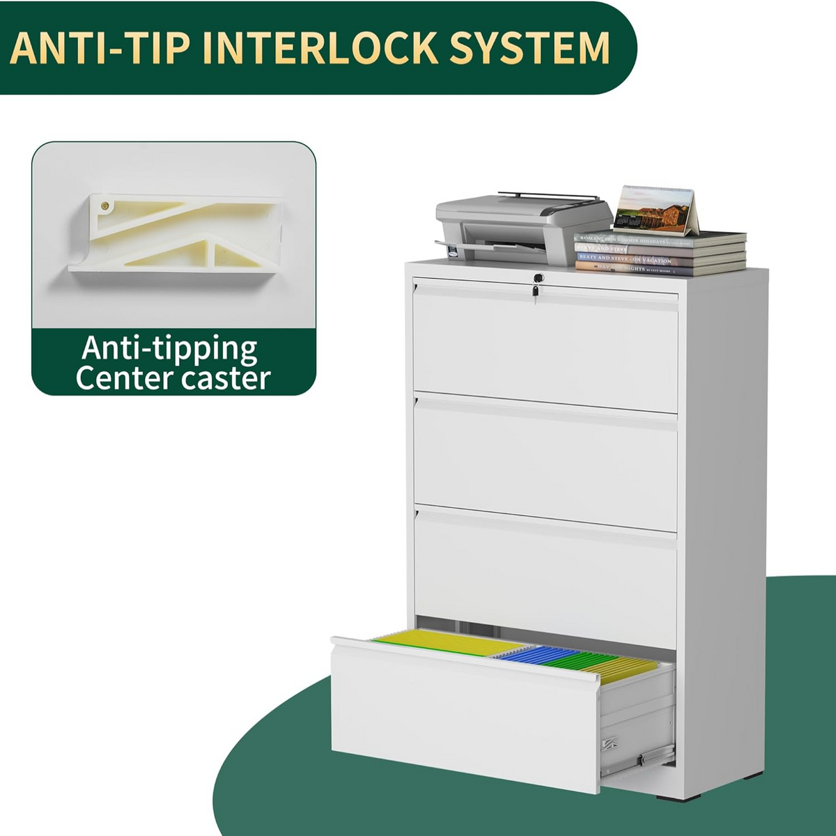 4 Drawer Lateral File Cabinet with Lock, Metal File Cabinets for Home Office, Steel Heavy-Duty Filing Storage Cabinet for Letters/Legal/A4 (Require Assembly, White)