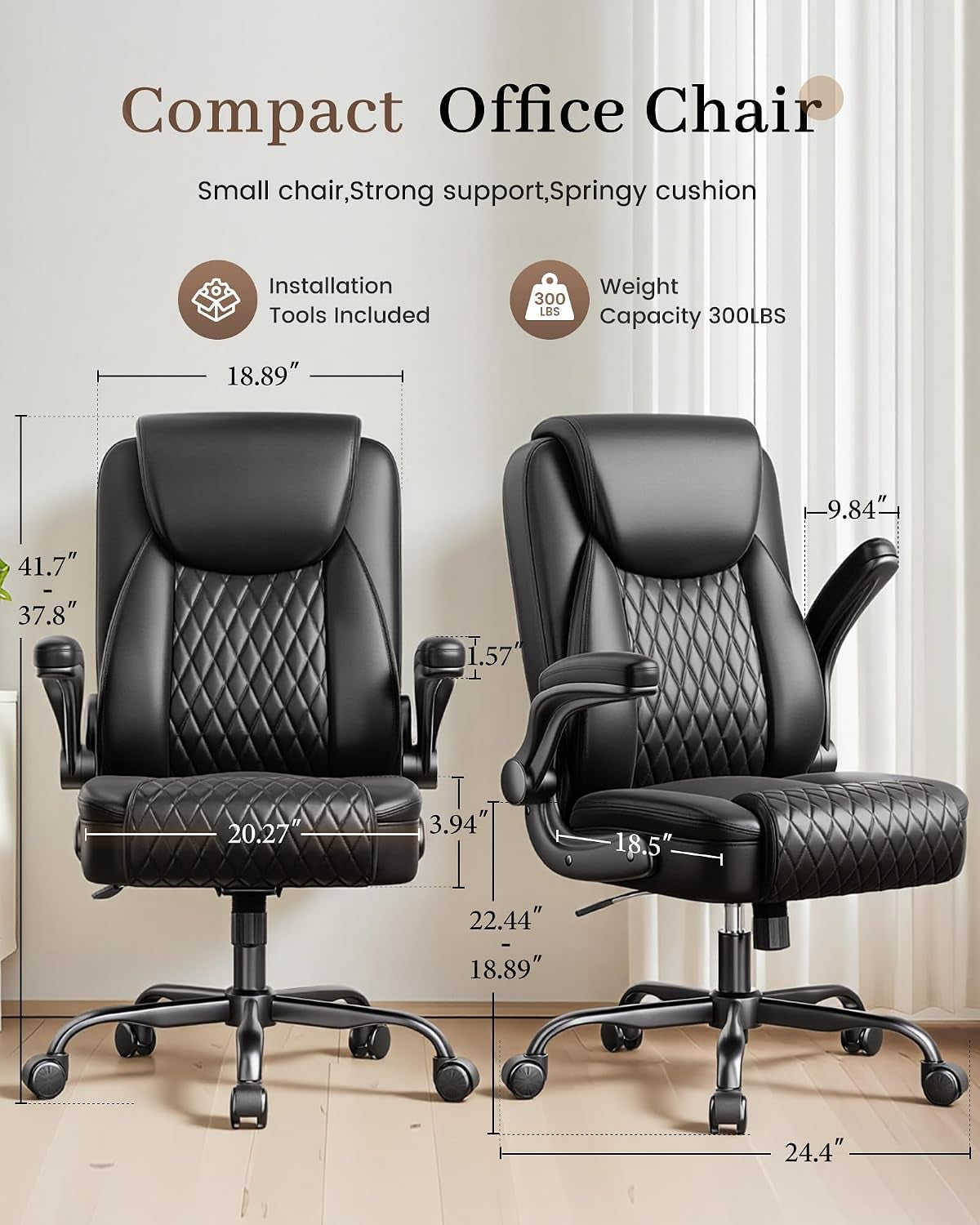 Mid-Back Office Chair, Ergonomic PU Desk Chair with Flip up Arms, Small Computer Gaming with Comfy Lumbar Support,Rocking Function,Sturdy Metal Base, Ink Black