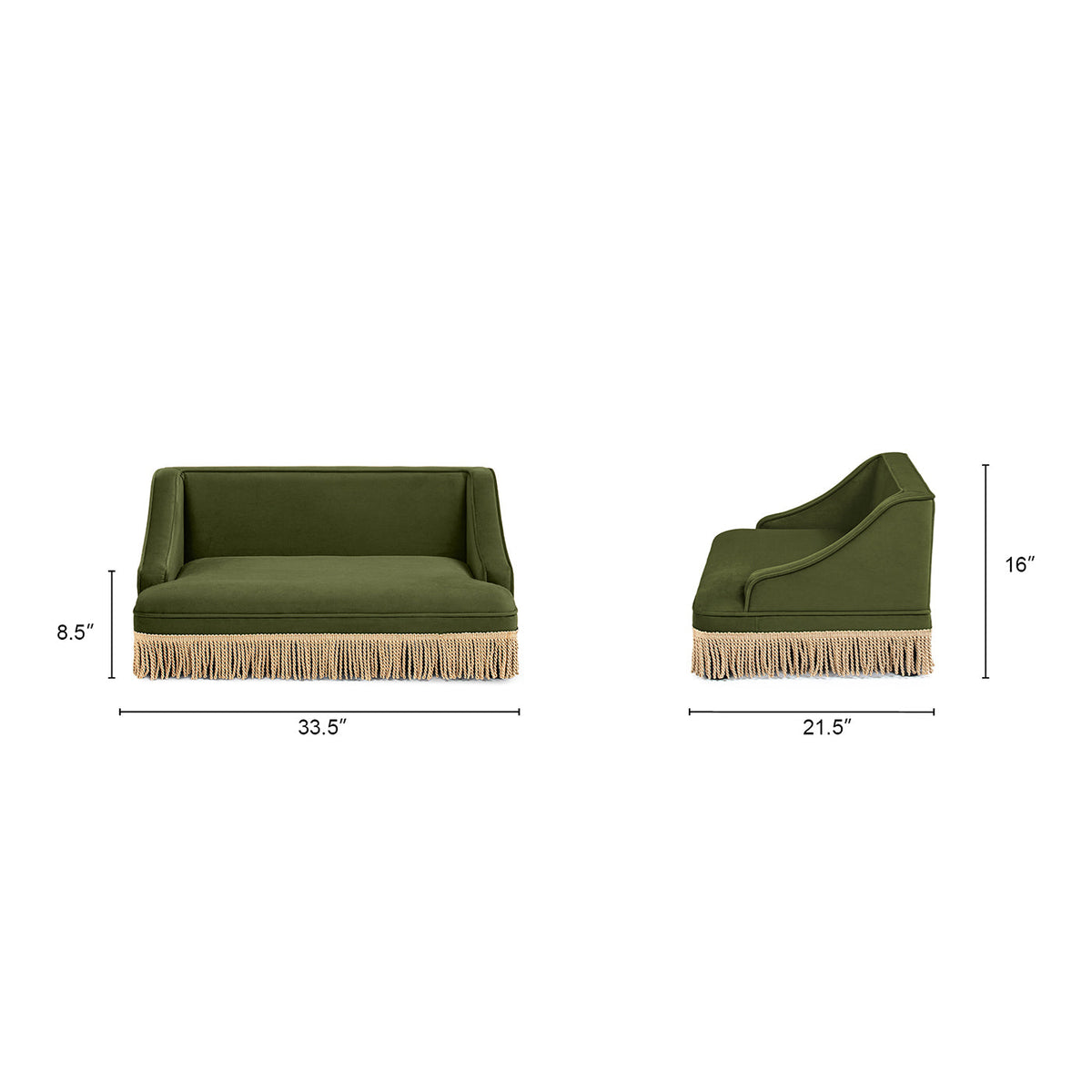 Olive Green Velvet Princess Pet Bed Sofa with Fringe Skirt - Medium