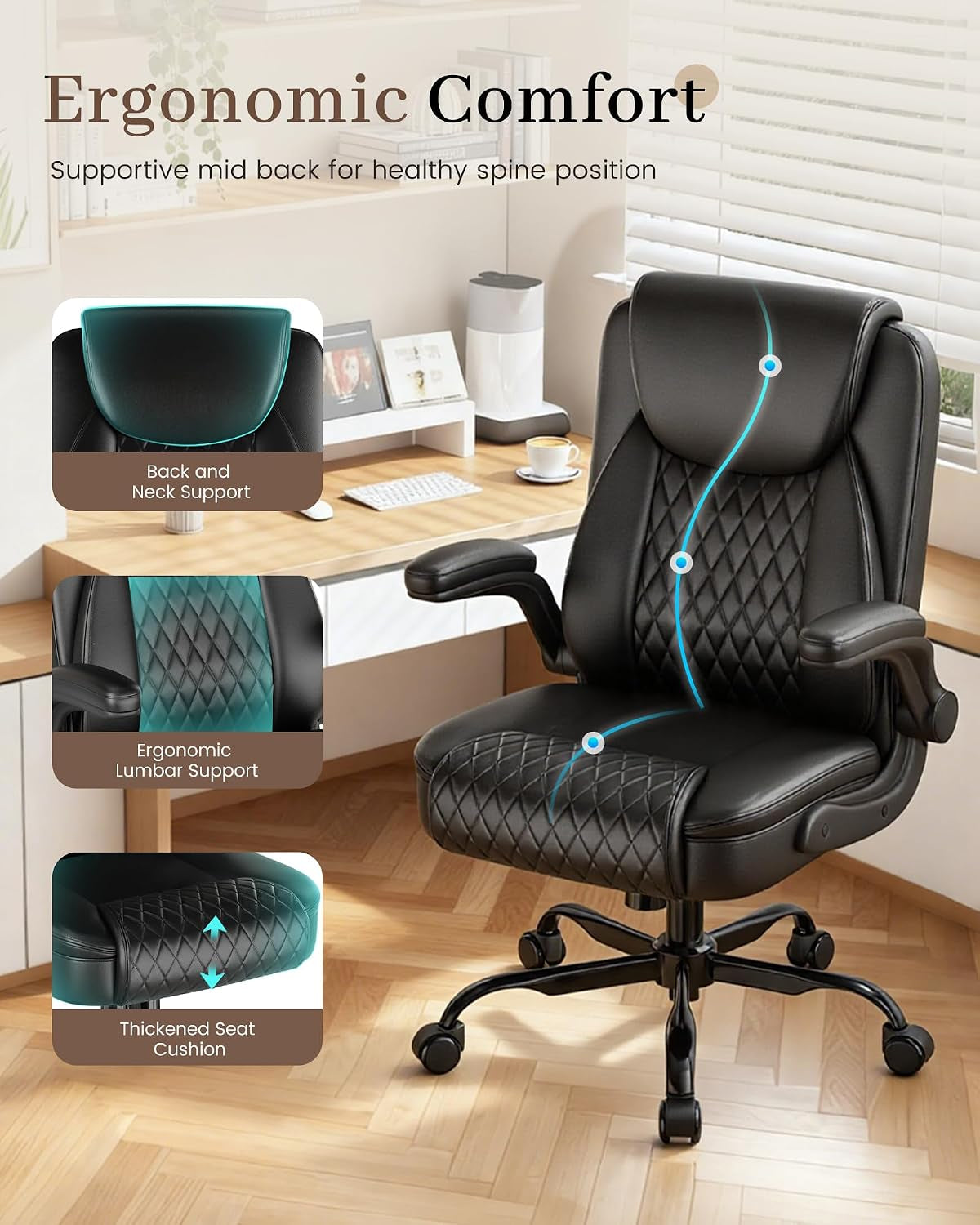 Mid-Back Office Chair, Ergonomic PU Desk Chair with Flip up Arms, Small Computer Gaming with Comfy Lumbar Support,Rocking Function,Sturdy Metal Base, Ink Black