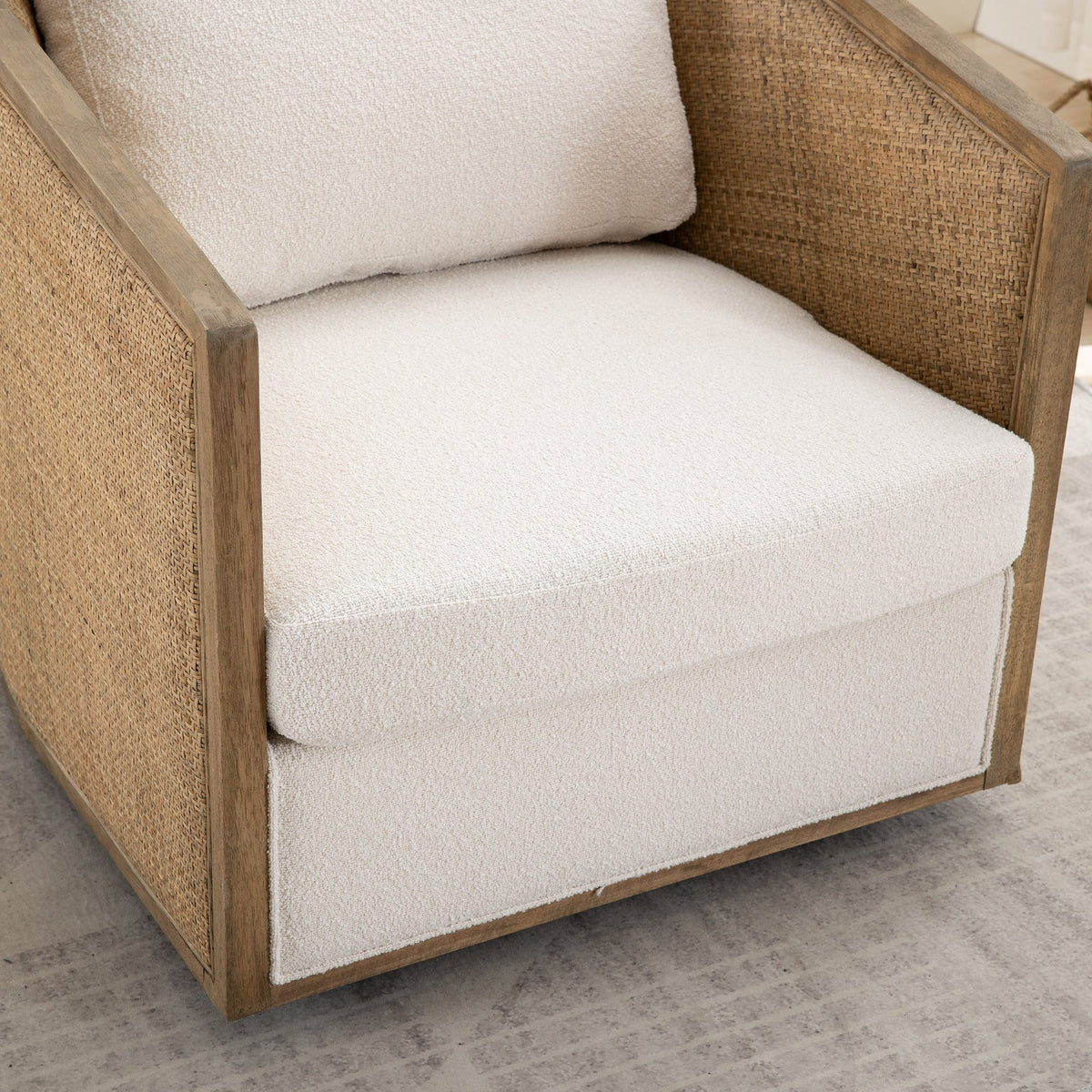 360° Swivel Barrel Accent Chair – Beige Bouclé
