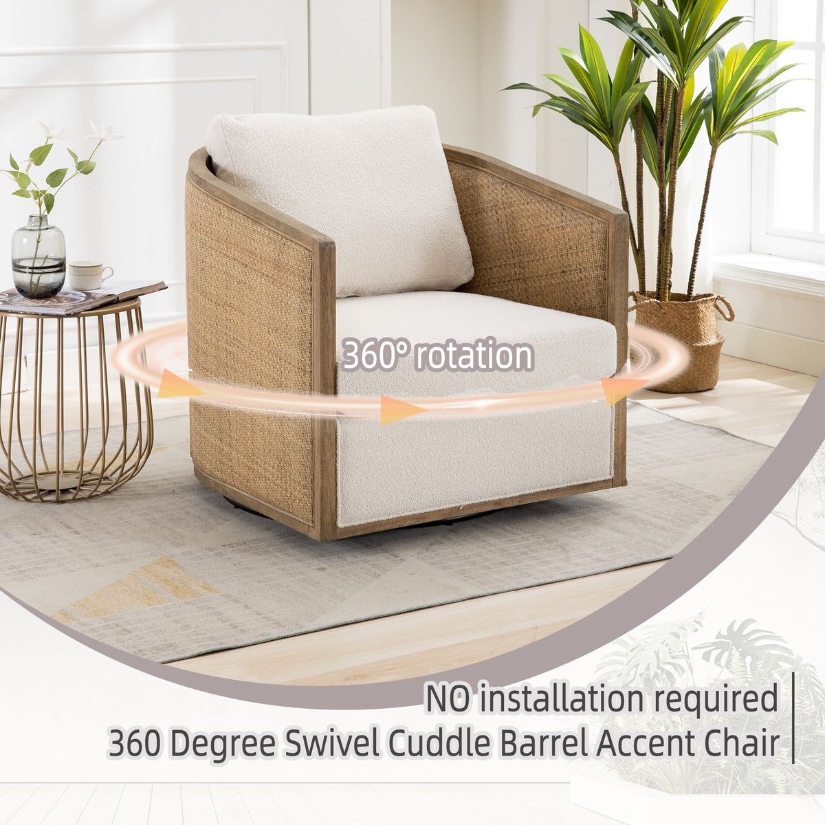 360° Swivel Barrel Accent Chair – Beige Bouclé