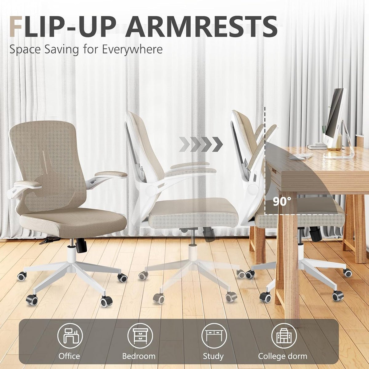 Ergonomic Office Chair, Home Office Desk Chair with Wheels, Mesh Office Chair with Lumbar Support, Comfortable Office Chair, Study and Dorm, Khaki