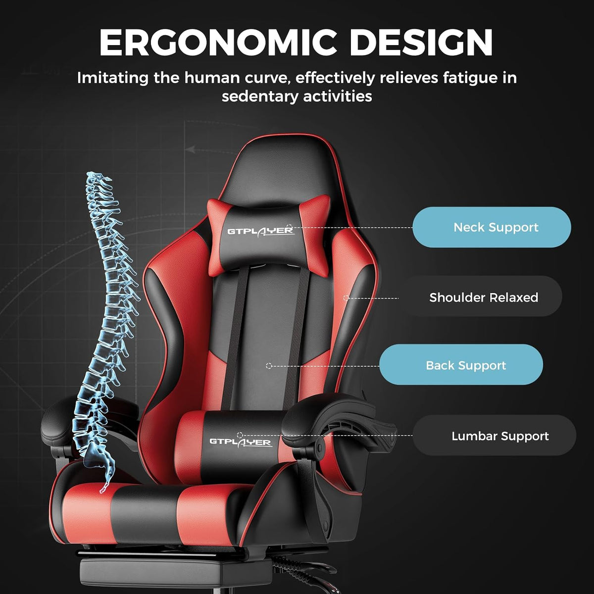 Gaming Chair, Computer Chair with Footrest and Lumbar Support, Height Adjustable Game Chair with 360°-Swivel Seat and Headrest and for Office or Gaming (Faux Leather, Red)
