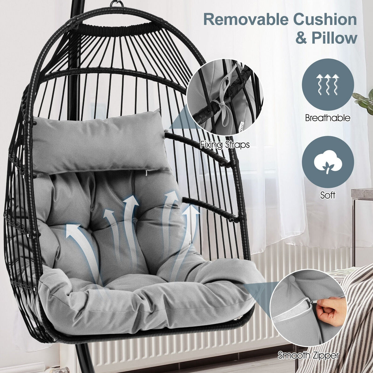 Hanging Egg Chair with Stand, Folding Basket & Waterproof Cover – Gray