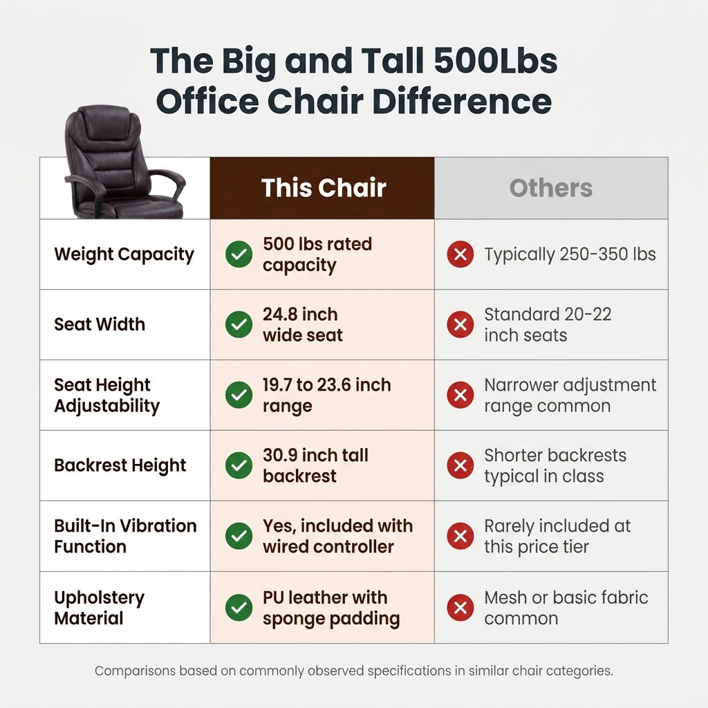 Office Chair Big and Tall 500Lbs Ergonomic Computer Chair High Back PU Leather Wide Seat Desk Chair with Lumbar Support Arms Executive Task Chair for Hone Office,Brown — Comparison