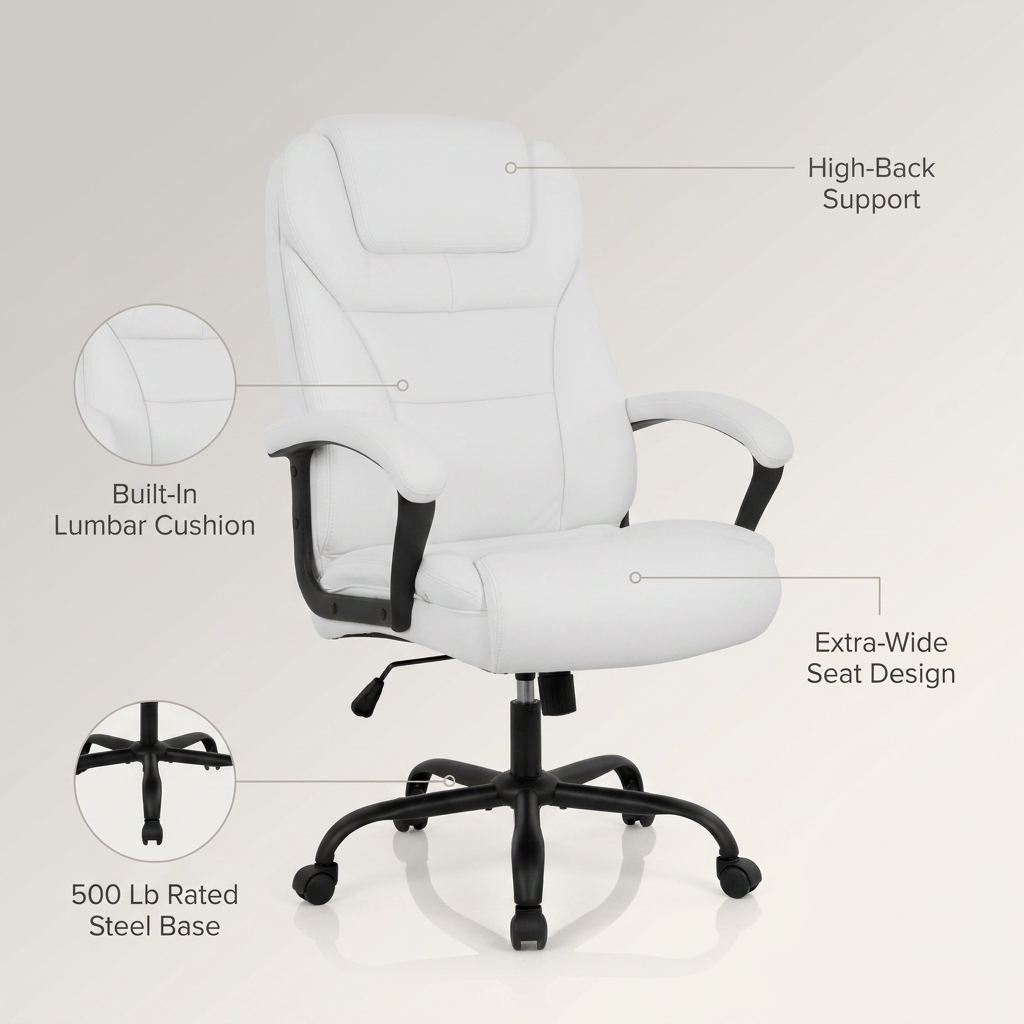 Office Chair Big and Tall 500Lbs Ergonomic Computer Chair High Back PU Leather Wide Seat Desk Chair with Lumbar Support Arms Executive Task Chair for Hone Office,White — infographic