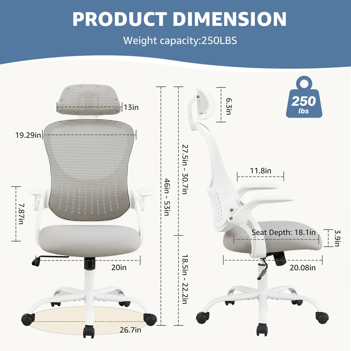 JHK Mesh Office Chair with Flip-Up Arms & Adjustable Headrest