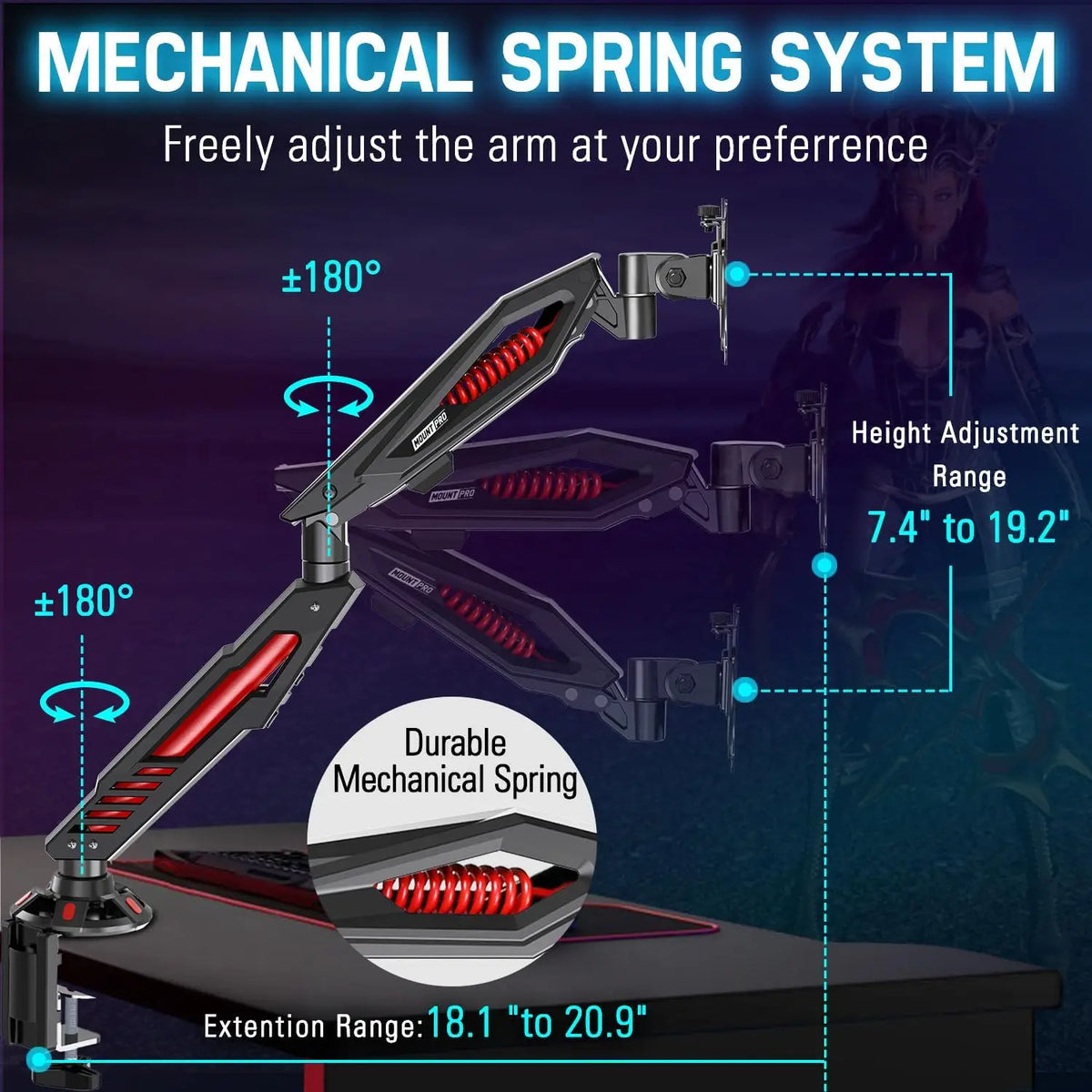 Mechanical Spring Gaming Monitor Arm – Fits Screens up to 32"