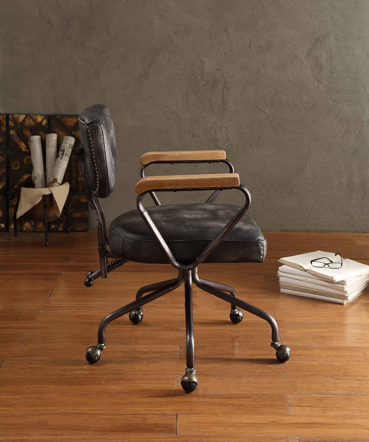 Top Grain Leather Office Chair with Button-Tufted Mid-Back - Vintage Black