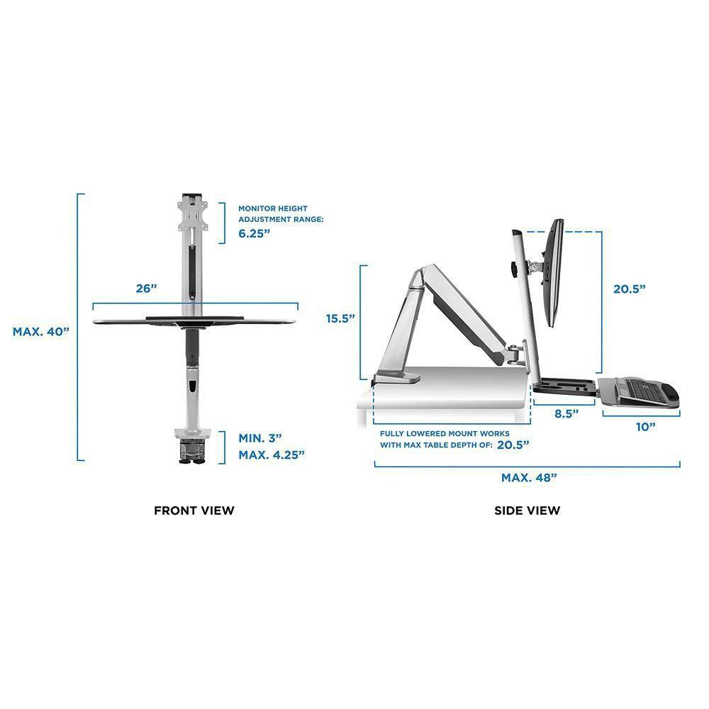 26 In. Silver Workstation for Monitor, Keyboard, Height Adjustable Standing Desk Mount W/Monitor Mount and Keyboard Tray