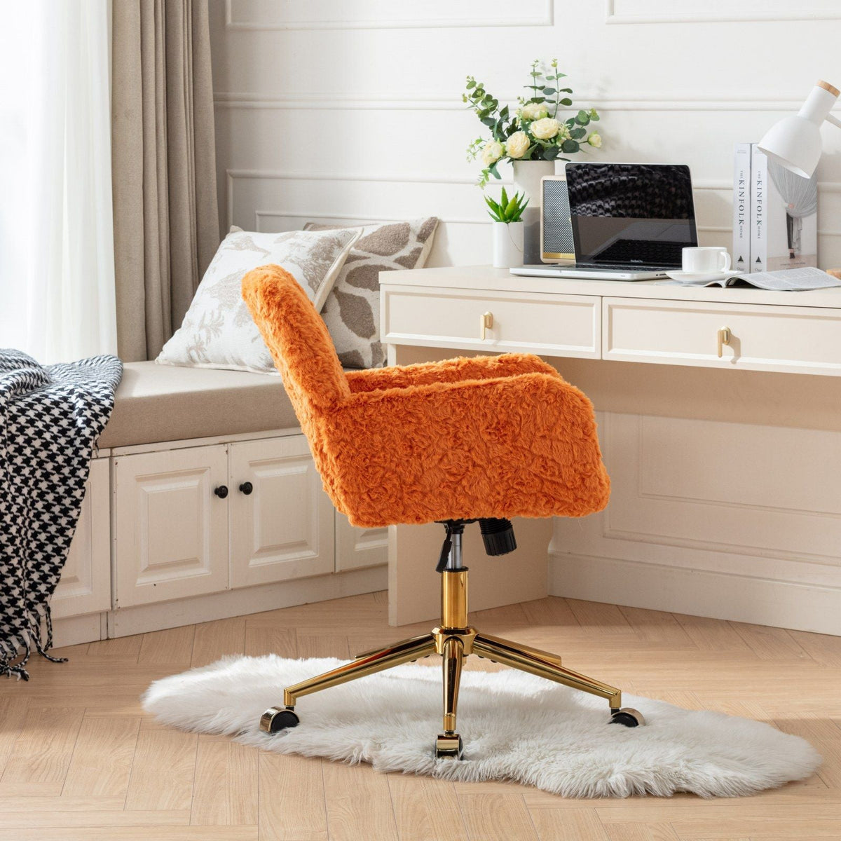 Artificial Rabbit Hair Office Chair with Metal Base - Swivel, Adjustable Height