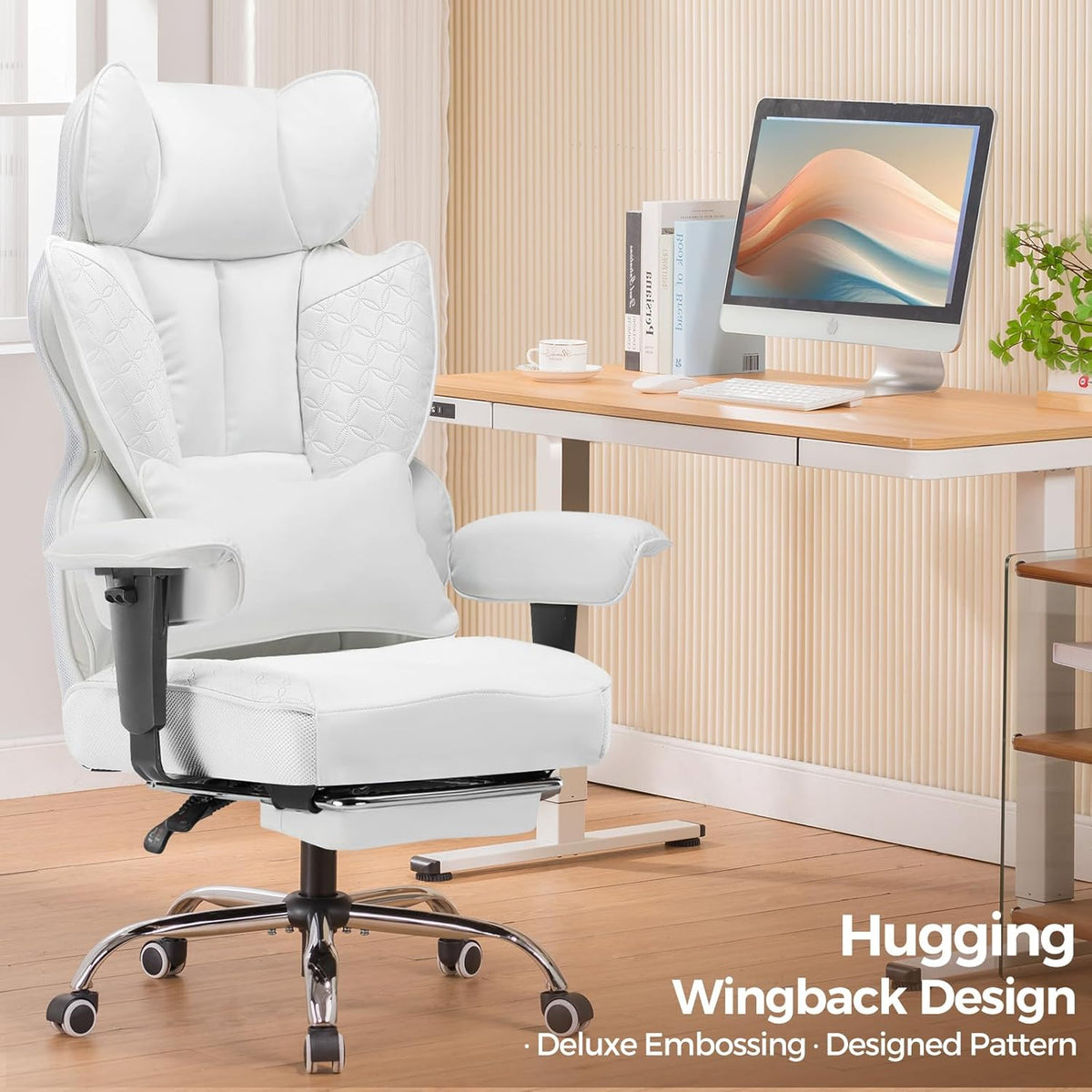 Big and Tall Office Chair Heavy Duty Wide Ergonomic Gaming Chair with Deluxe Embossing Designed Leather with Foot Rest,145°Reclining Adjustable Armrests Pocket Spring Back Support and Pillow