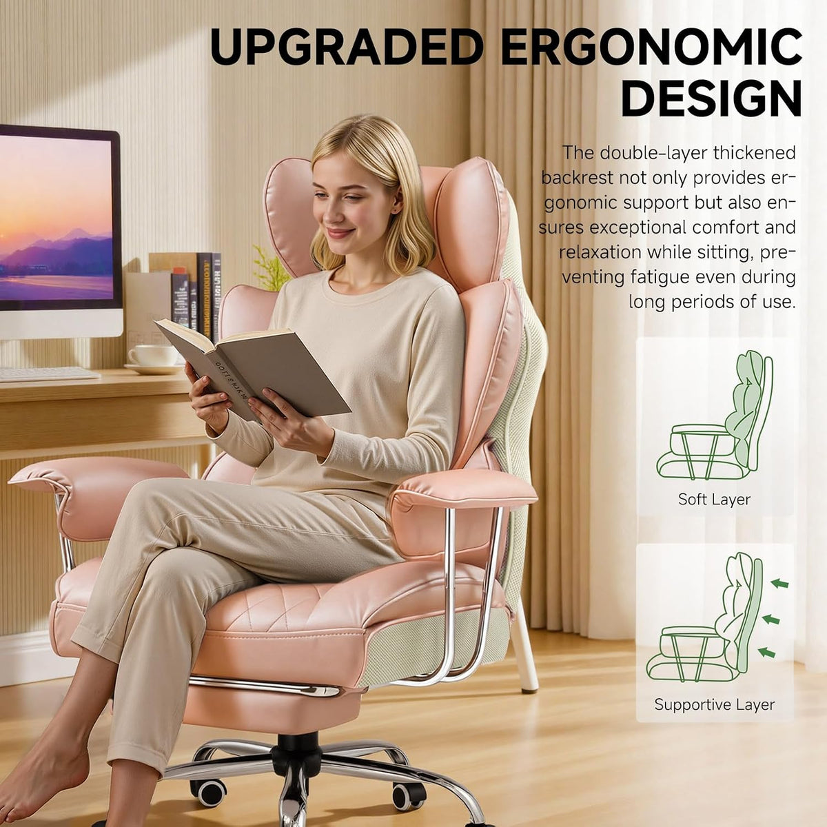 Big and Tall Office Chair, High Back Leather Gaming Chair with Footrest, Executive Ergonomic Office Chairs with Pocket Spring Lumbar Support and with Outward Fixed Soft Armrests