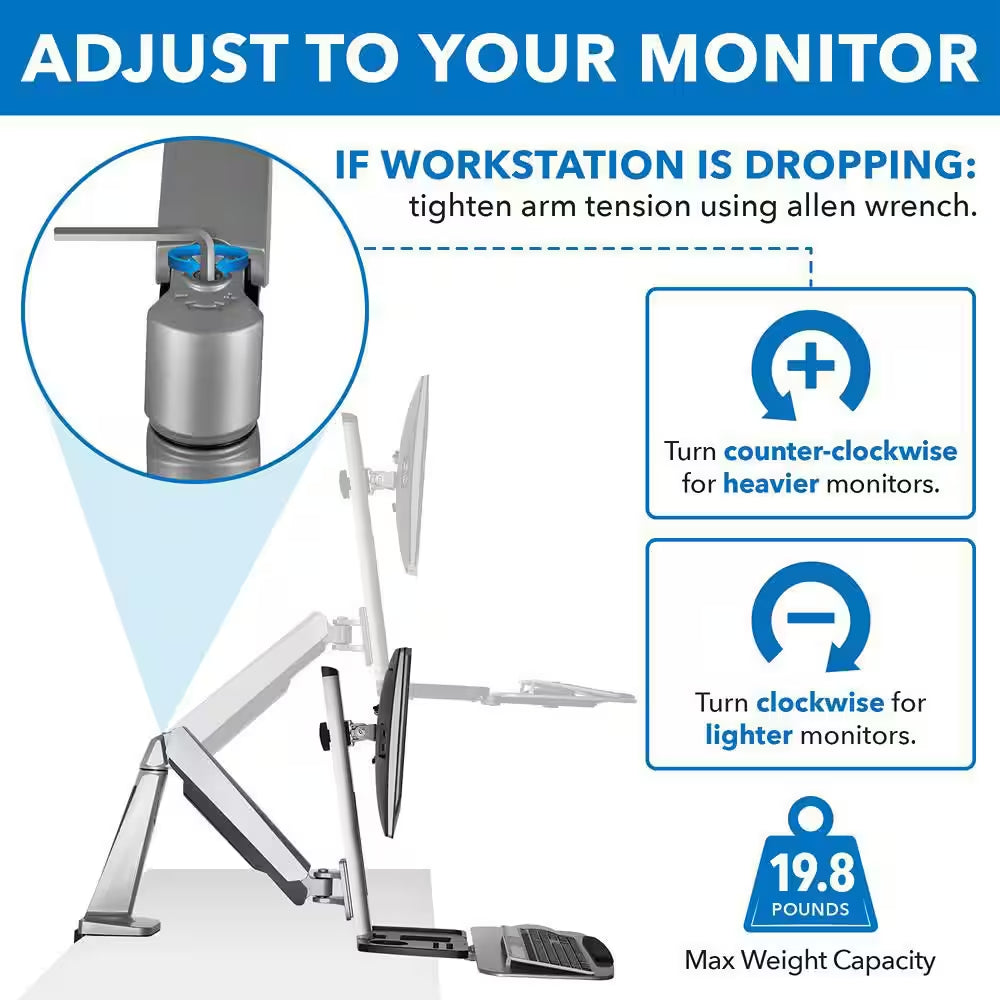 26 In. Silver Workstation for Monitor, Keyboard, Height Adjustable Standing Desk Mount W/Monitor Mount and Keyboard Tray