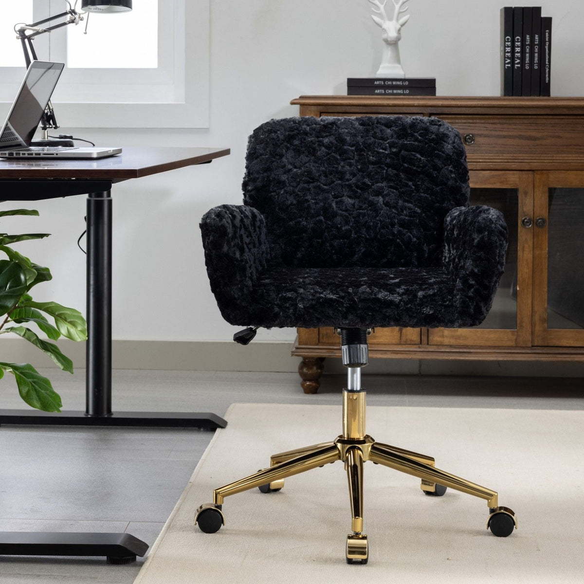 Artificial Rabbit Hair Office Chair with Metal Base - Swivel, Adjustable Height