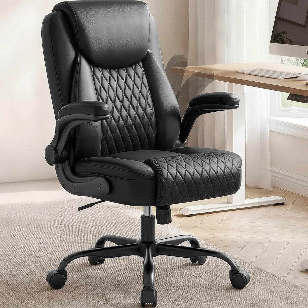 Mid-Back Office Chair, Ergonomic PU Desk Chair with Flip up Arms, Small Computer Gaming with Comfy Lumbar Support,Rocking Function,Sturdy Metal Base, Ink Black