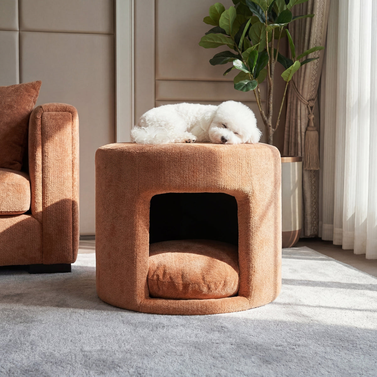 Orange Pet Friendly Ottoman with Removable Cushion and Hidden Pet Nook - Orange