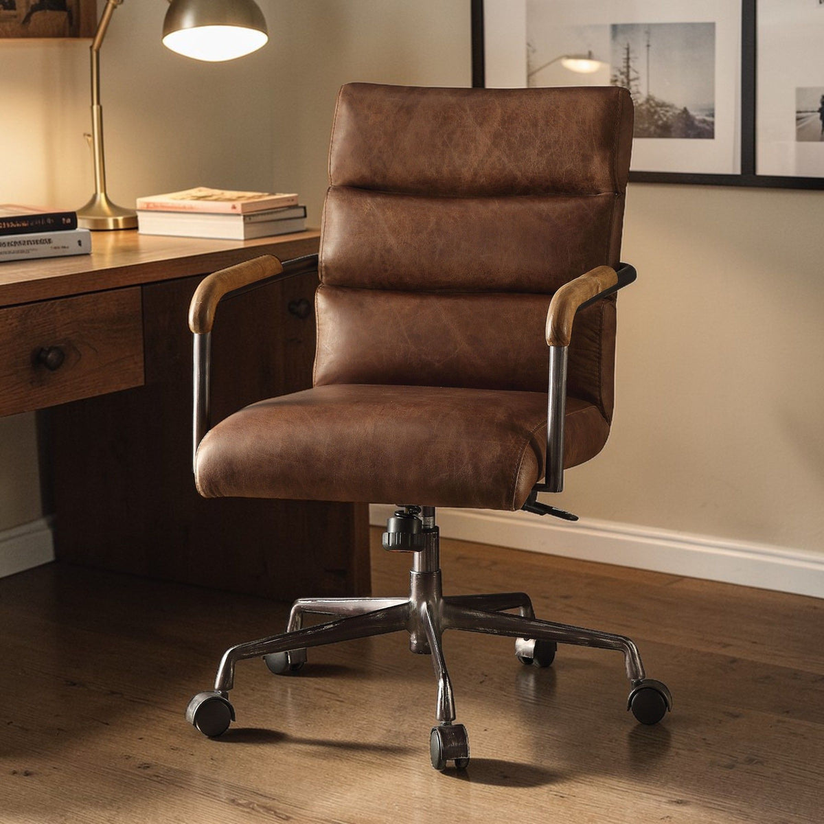 Retro Top-Grain Leather Swivel Office Chair
